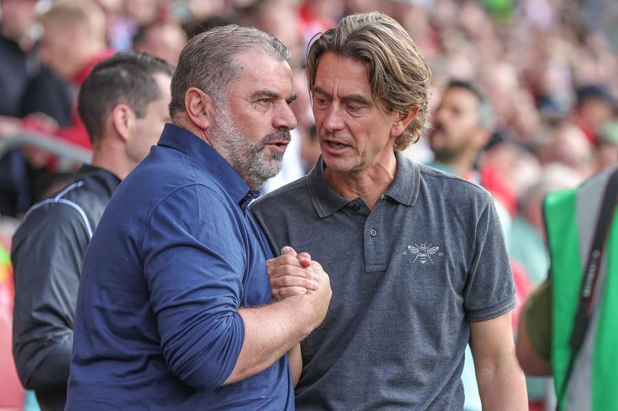 Ange Postecoglou and Thomas Frank shake hands before the Tottenham vs Brentford game. Ange Postecoglou and Thomas Frank shake hands before the Tottenham vs Brentford game.