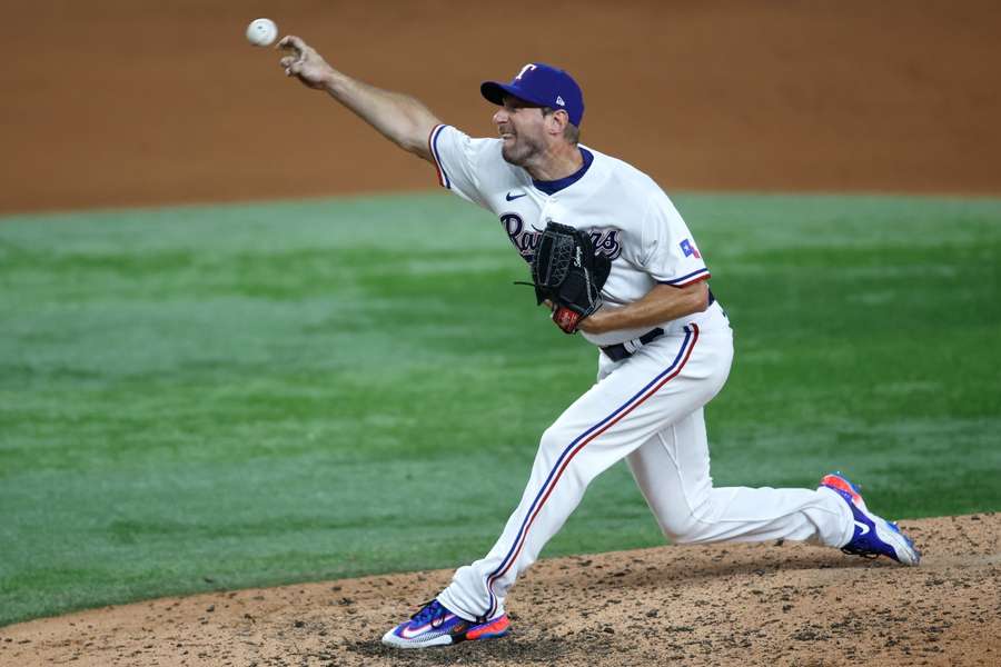 Texas Rangers starting pitcher Max Scherzer pitches against the Los Angeles Angels in the fifth inning at Globe Life Field