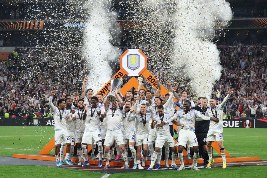 Aston Villa raise the Europa League trophy