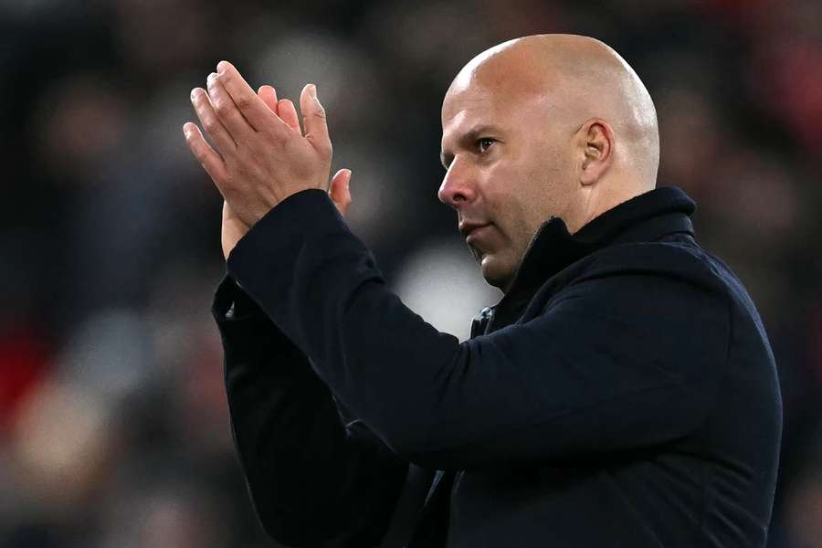 Arne Slot applauds the fans following the English Premier League football match between Liverpool and Aston Villa