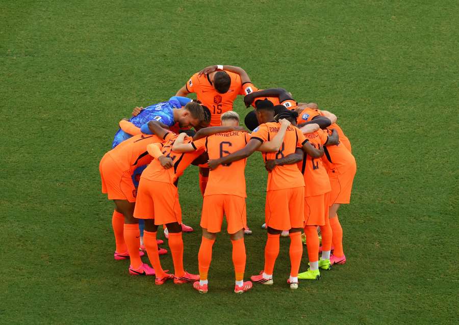 The Dutch team huddle before kick-off The Dutch team huddle before kick-off