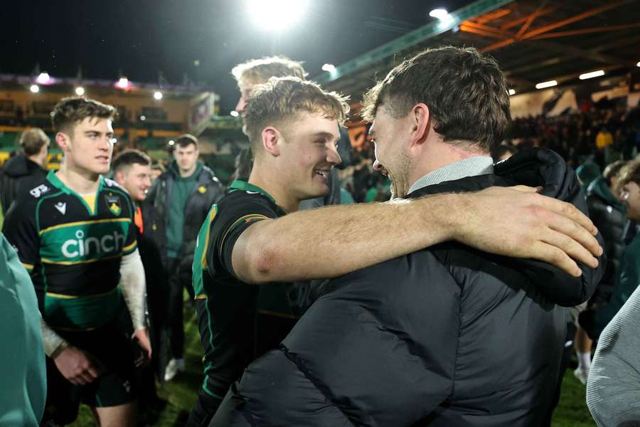 Fin Smith of Northampton Saints who scored the match-winning penalty, celebrates with teammate George Furbank