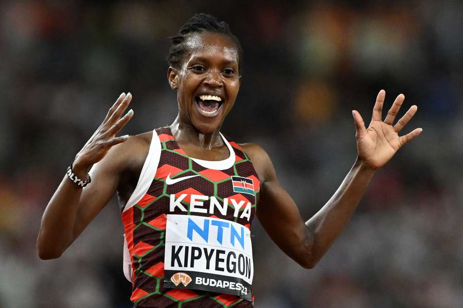 Kenya's Faith Kipyegon reacts after winning the women's 5000m final during the World Athletics Championships