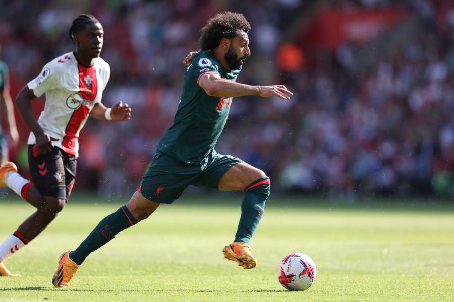 Liverpool's Egyptian striker Mohamed Salah runs with the ball during the English Premier League football match between Southampton and Liverpool