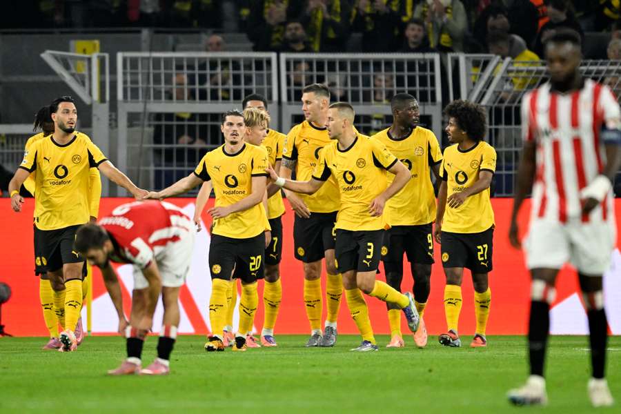 Borussia Dortmund celebrate one of their goals in their UEFA Champions League win on Wednesday.