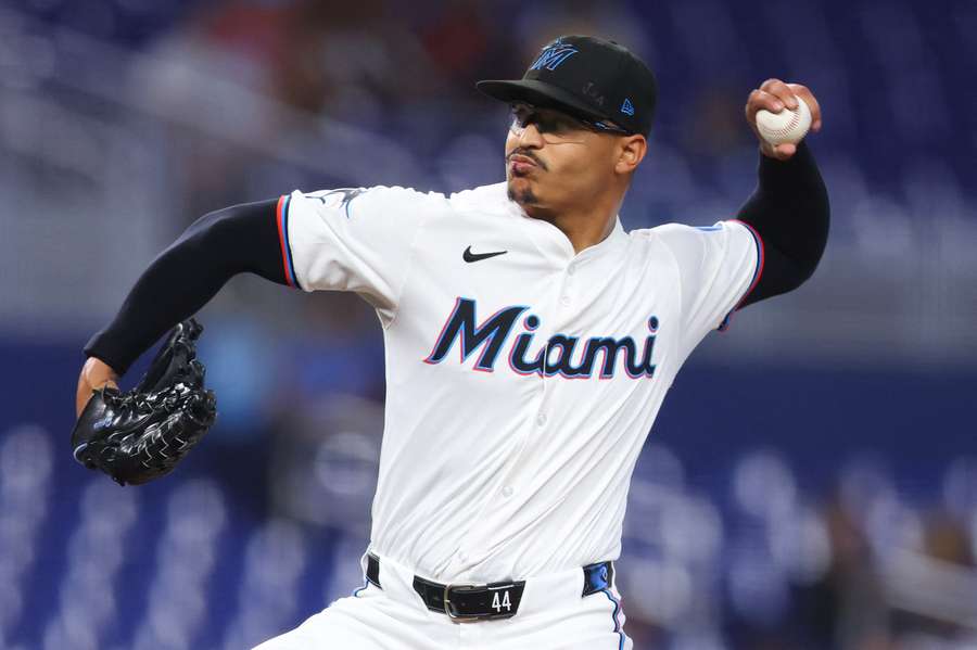 Jesus Luzardo getting ready to throw a pitch against the Tampa Bay Rays in the first inning