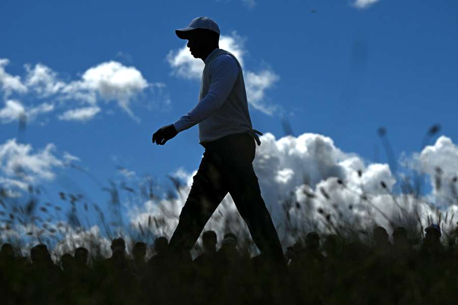 US golfer Tiger Woods walks from the 14th tee in the second round of the 150th Open Championship at St. Andrews