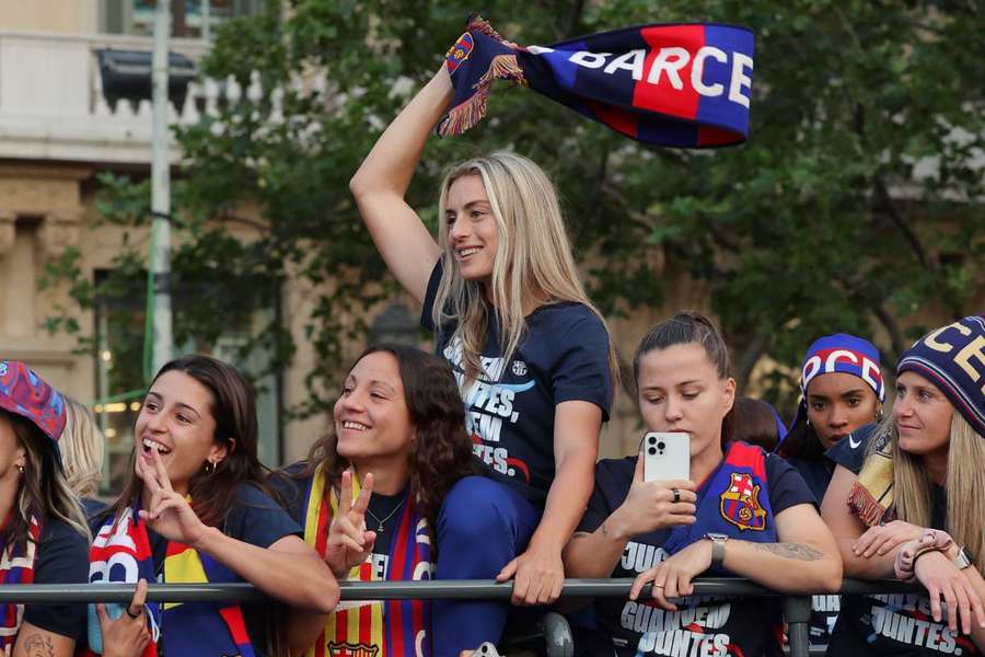 Alexia Putellas and her teammates celebrate their LaLiga triumph on an open top parade through Barcelona last month