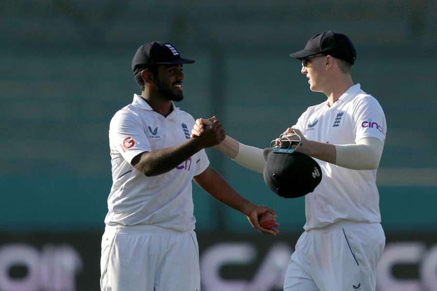 England's Rehan Ahmed celebrates after taking five wickets