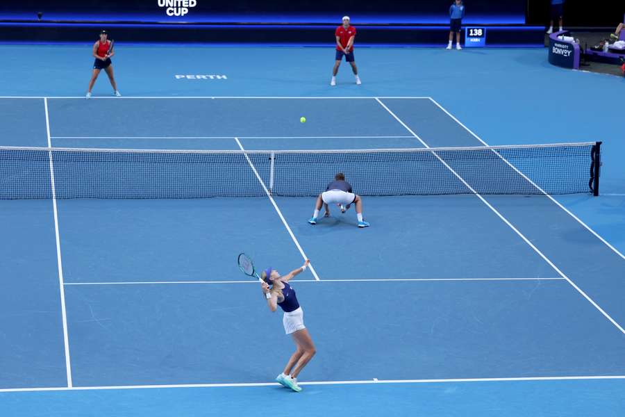 Britain’s Katie Boulter and Neal Skupski serve against USA’s Jessica Pegula and Taylor Fritz during their match at the 2024 United Cup