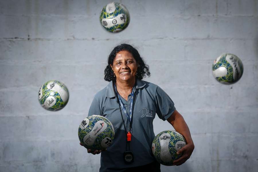 Women's football coach Dilma Mendes, 59, poses for a picture at the Arena 2 de Julho Football School located in the city of Camacari