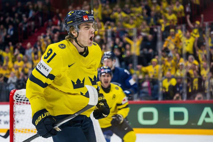 Leo Carlsson of Sweden celebrates after breaking the deadlock against Finland