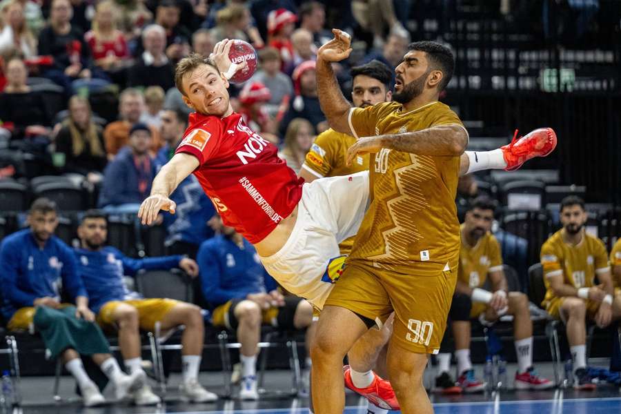 Mathias Gidsel in action against Bahrain in a warmup-match