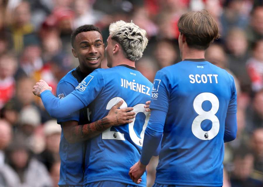 Bournemouth's Junior Kroupi celebrates scoring their first goal with Alex Jimenez and Alex Scott