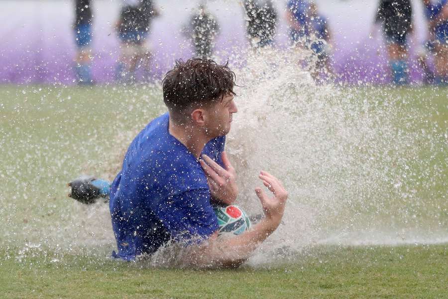 Jordie Barrett during a wet weather training session. Jordie Barrett during a wet weather training session.
