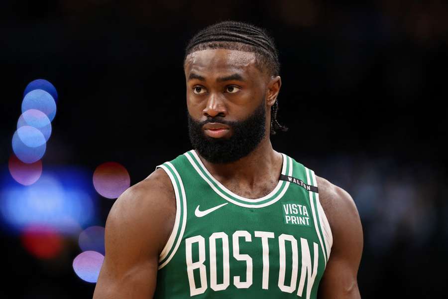 Jaylen Brown of the Boston Celtics looks on during the second quarter of Game 5 of the NBA Finals