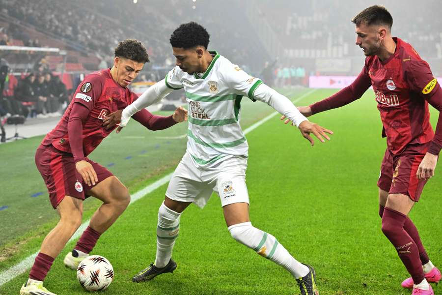 Clement Bischoff (L) of Red Bull Salzburg battles with Go Ahead Eagles forward Richonell Margaret Clement Bischoff (L) of Red Bull Salzburg battles with Go Ahead Eagles forward Richonell Margaret
