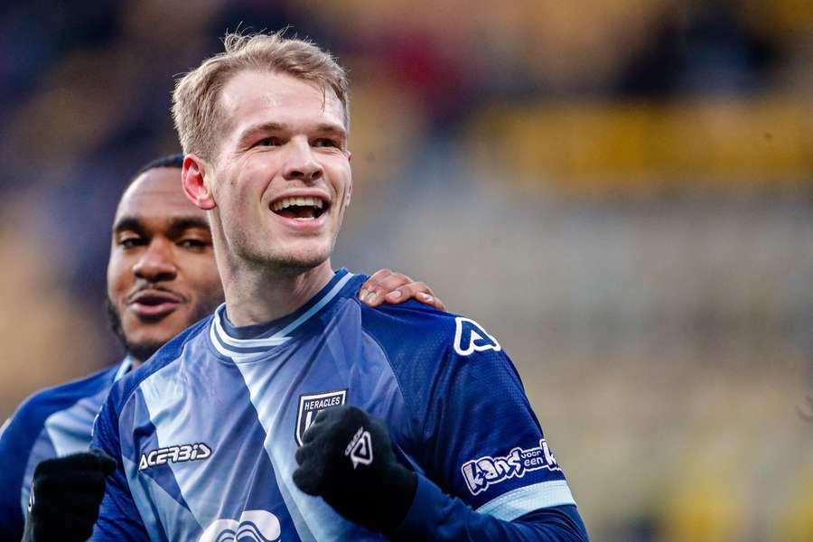 Nikolai Laursen celebrates scoring a goal for Heracles Almelo in December 2022