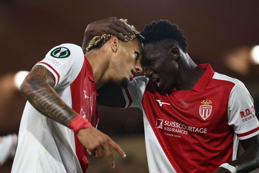AS Monaco's Paris Brunner celebrates scoring his first goal with Lamine Camara AS Monaco's Paris Brunner celebrates scoring his first goal with Lamine Camara