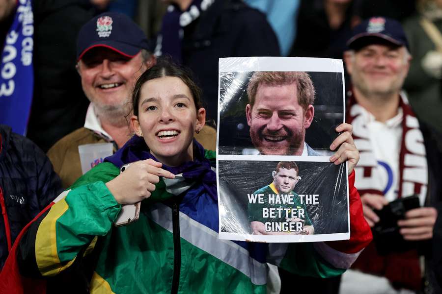 A Springboks fan mocks the Duke of Sussex during the 2023 Rugby World Cup. 