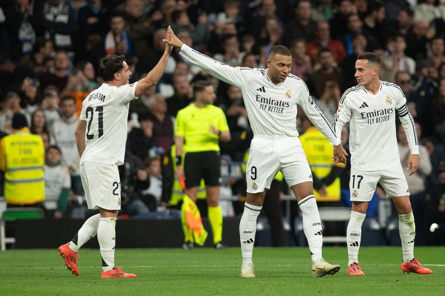 Brahim Diaz and Kylian Mbappe celebrate