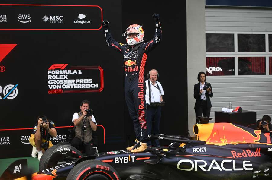 Max Verstappen celebrates after winning the Austrian Grand Prix