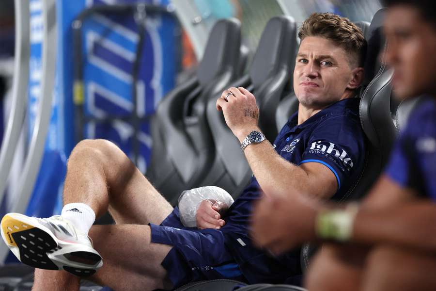 Barrett ices his right wrist during the second half of the Blues' narrow loss to the Brumbies.