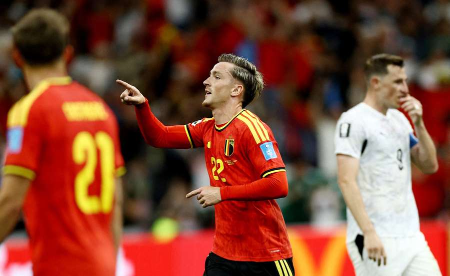 Alexis Saelemaekers celebrates scoring Belgium's fifth goal