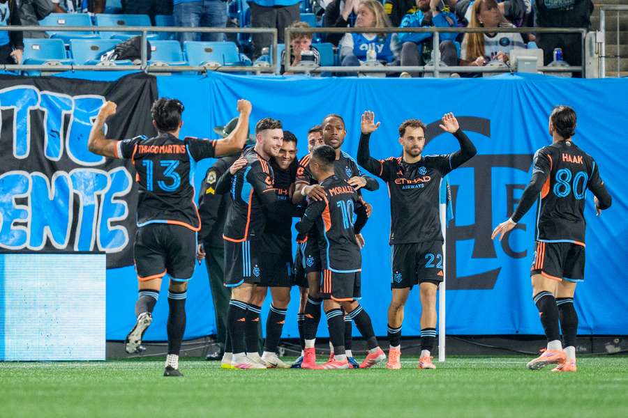 New York City celebrate scoring in the second half against Charlotte FC New York City celebrate scoring in the second half against Charlotte FC