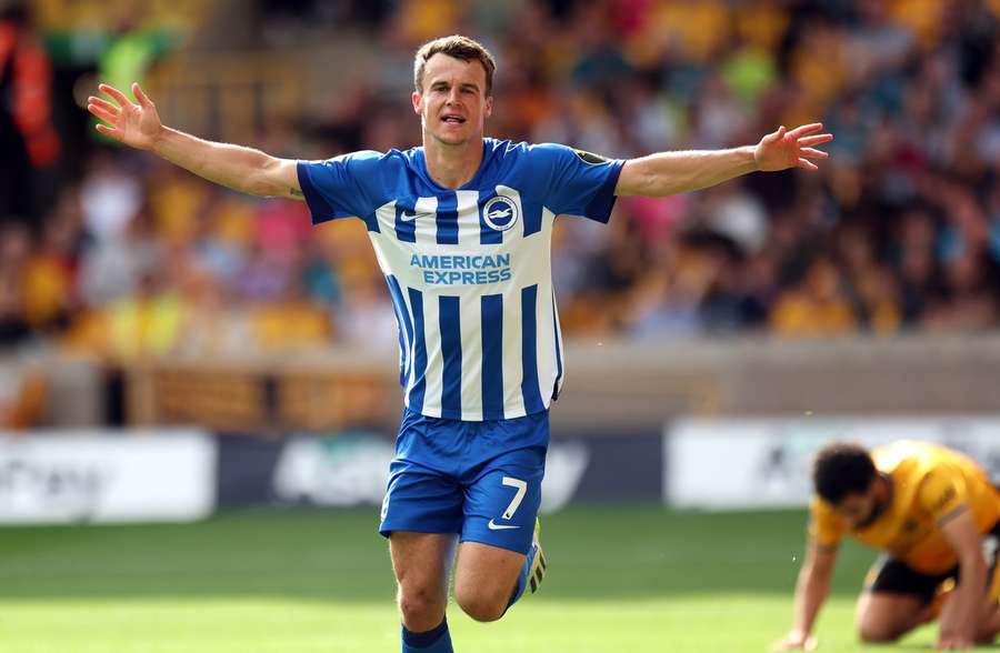 Solly March celebrates scoring against Wolves