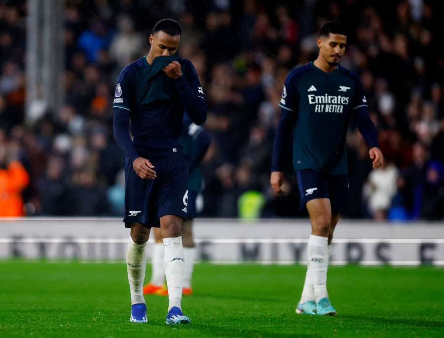Arsenal's Gabriel and William Saliba look dejected after the match