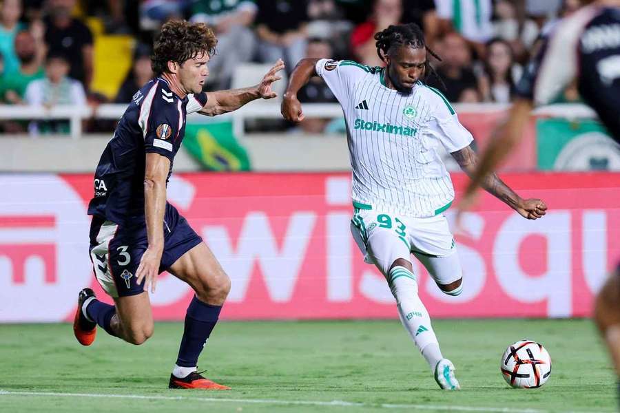 Marcos Alonso (left) of Celta in action against Jean-Kevin Duverne of Omonia Marcos Alonso (left) of Celta in action against Jean-Kevin Duverne of Omonia