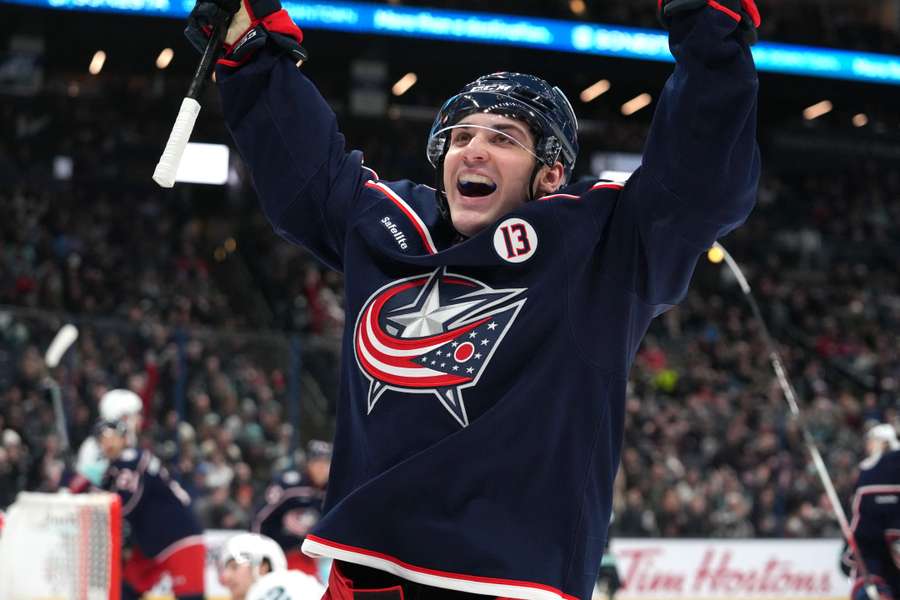 Columbus Blue Jackets' Denton Mateychuk celebrates after scoring his first career goal. (January 9, 2025)