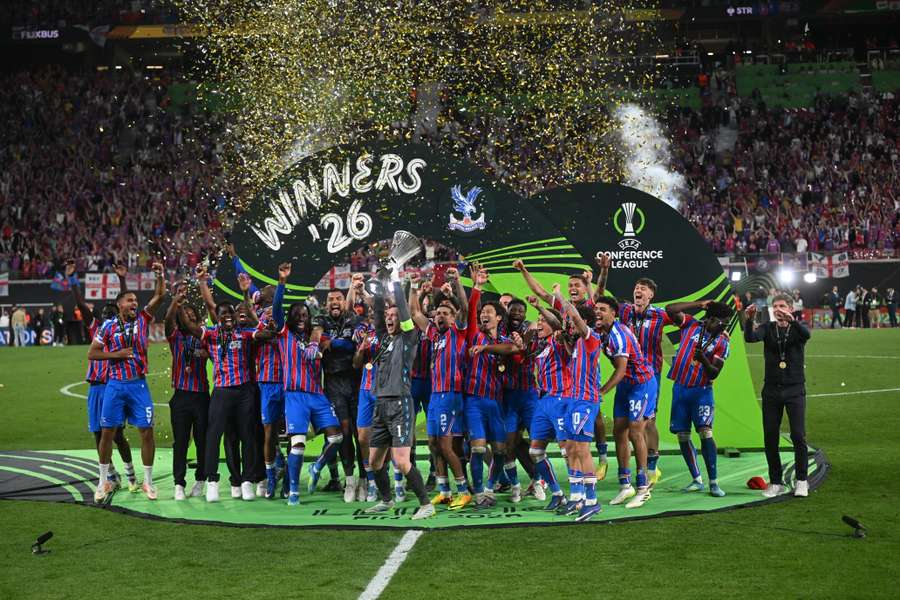Crystal Palace lift the UEFA Conference League trophy after defeating Rayo Vallecano in the final in Leipzig. Crystal Palace lift the UEFA Conference League trophy after defeating Rayo Vallecano in the final in Leipzig.