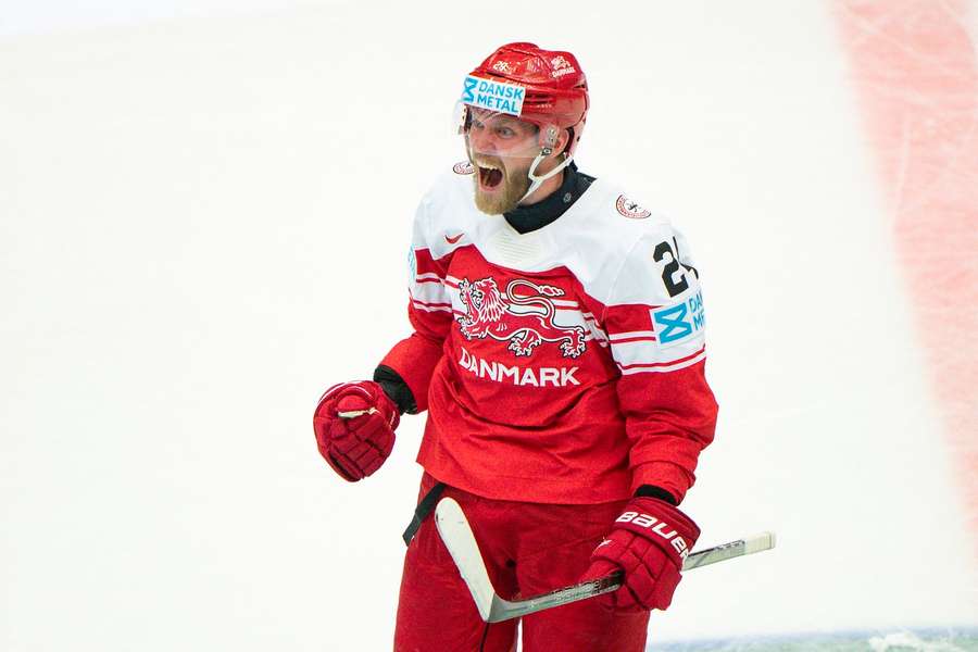 Nikolaj Ehlers celebrates scoring against Canada during the Ice Hockey World Championships