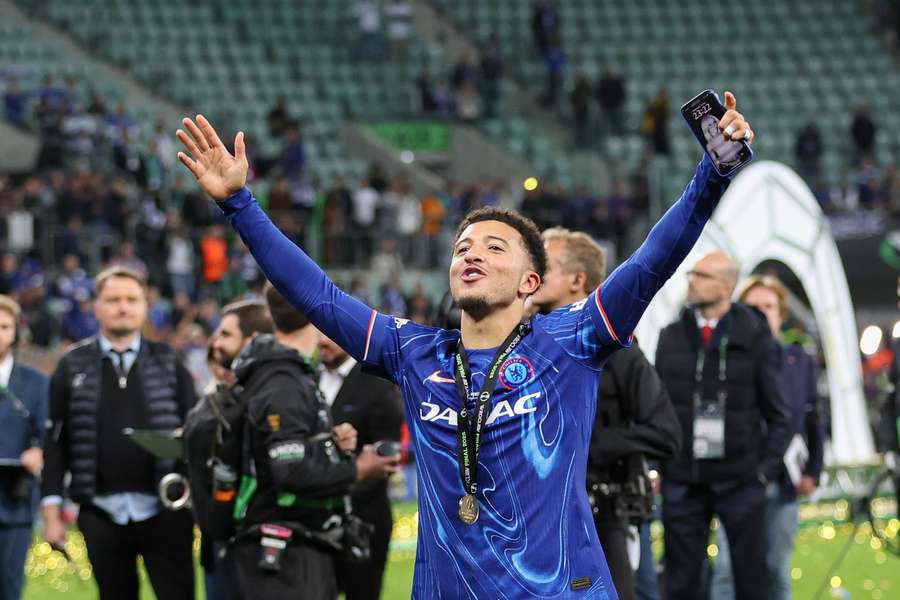 Jadon Sancho of Chelsea seen celebrating during the ceremony after the UEFA Conference League Final