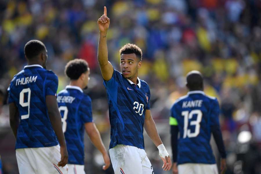 Désiré Doué célèbre son but lors du match amical entre la France et la Colombie, disputé à Landover (Maryland) le 29 mars 2026 en préparation à la Coupe du monde.