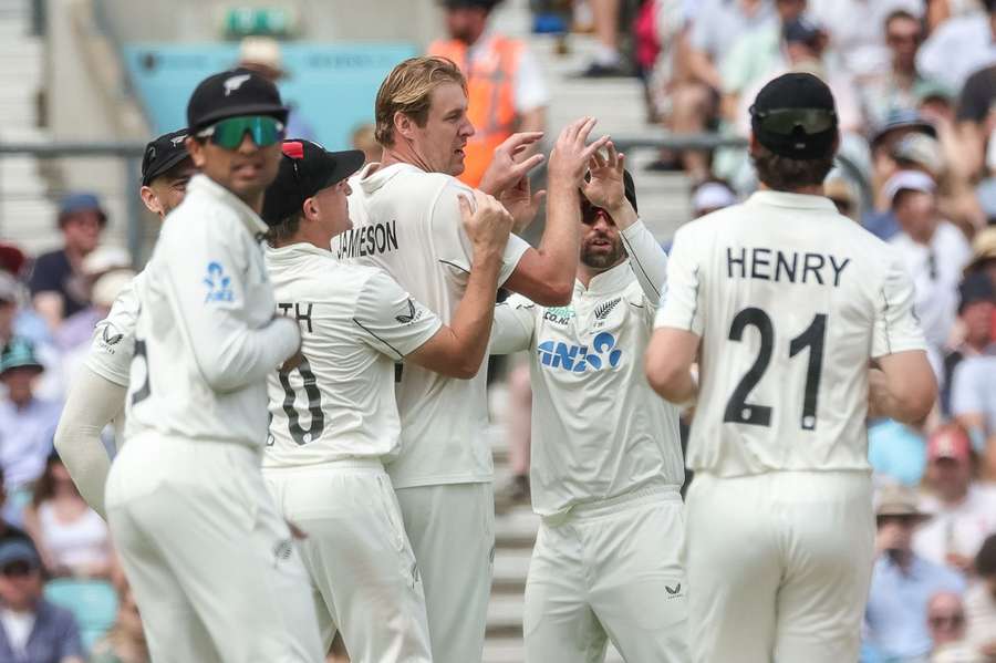 New Zealand's Kyle Jamieson celebrates after taking the wicket of England's Jacob Bethell New Zealand's Kyle Jamieson celebrates after taking the wicket of England's Jacob Bethell