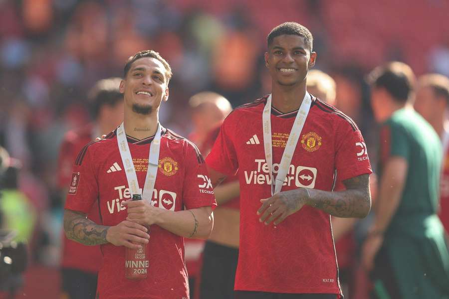 Antony and Marcus Rashford celebrate winning the 2024 FA Cup Final