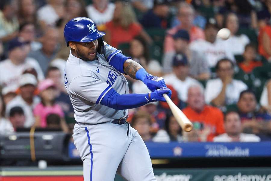 Nelson Velazquez hits a home run during the second inning against the Houston Astros