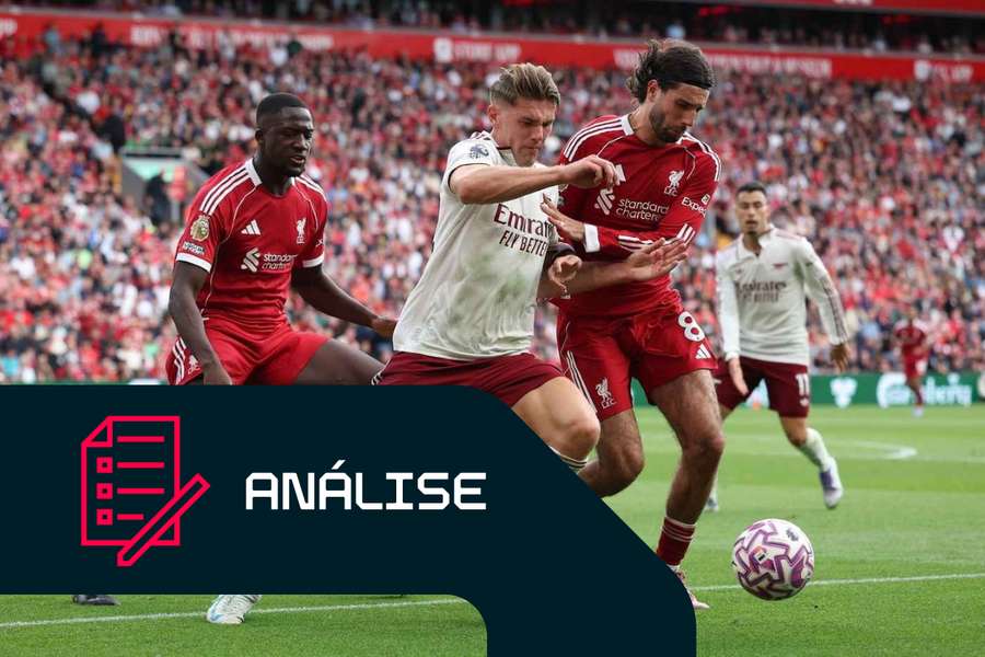 Viktor Gyokeres, do Arsenal, disputa a bola com Dominik Szoboszlai, do Liverpool