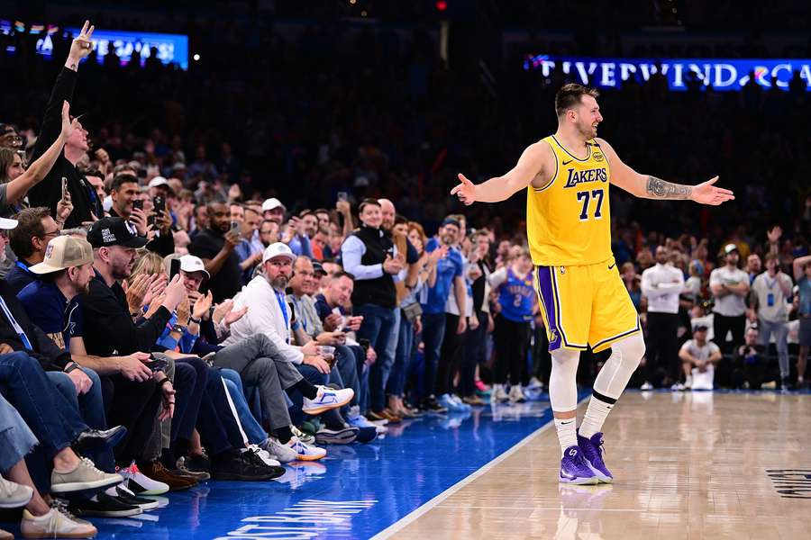 Luka Doncic pleads his case after being ejected in the LA Lakers' loss to the OKC Thunder on Tuesday.