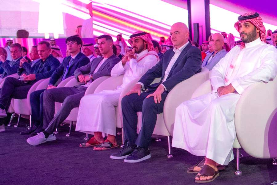 Saudi Crown Prince Mohammed bin Salman, FIFA President Gianni Infantino, Saudi Arabia's Minister of Sports Prince Abdulaziz bin Turki al-Faisal and Al-Nassr's Cristiano Ronaldo attend the launch of the Esports World Cup in Riyadh