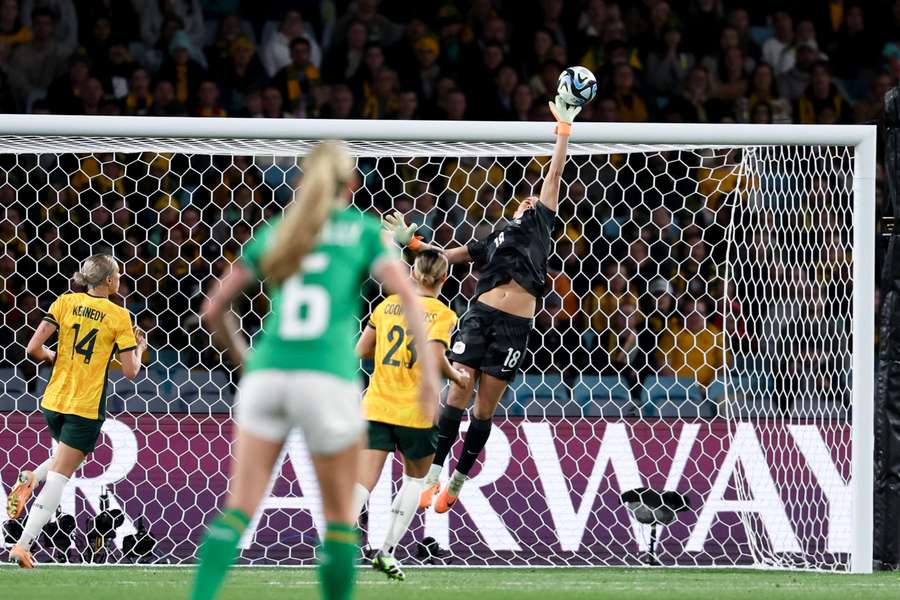 Australia's goalkeeper Mackenzie Arnold makes a save