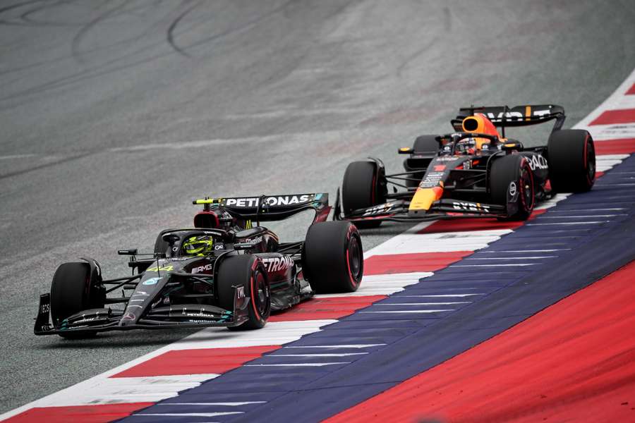 Mercedes' Lewis Hamilton competes ahead of Red Bull's Max Verstappen during the sprint shootout