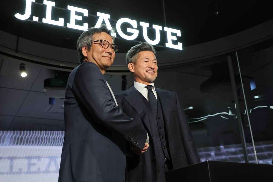 Kazuyoshi Miura (R) and J League chair Yoshikazu Nonomura Kazuyoshi Miura (R) and J League chair Yoshikazu Nonomura
