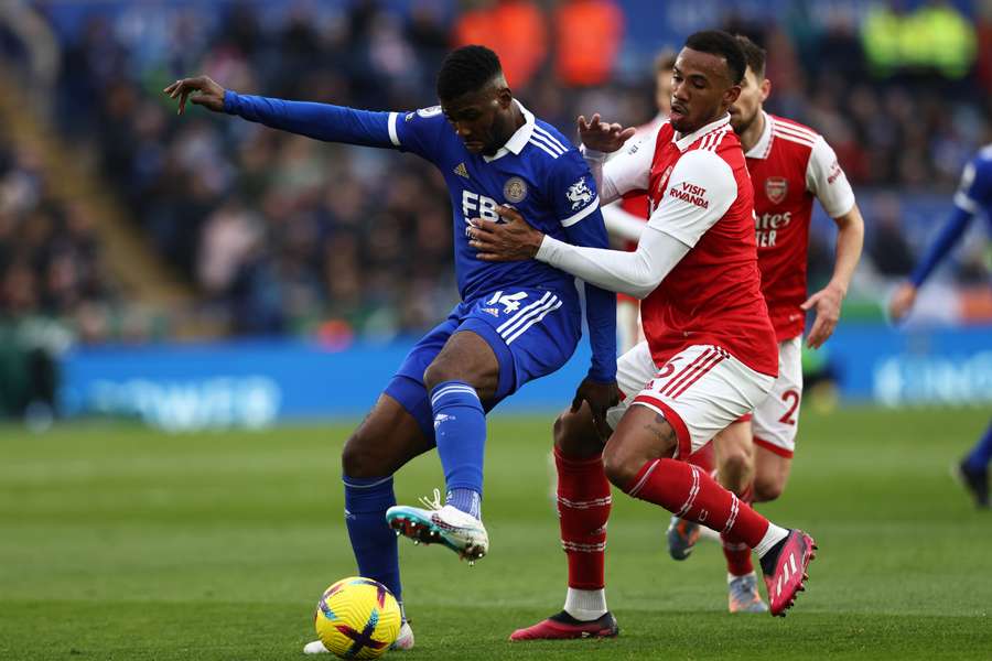 Gabriel battles for the ball with Leicester City's Kelechi Iheanacho
