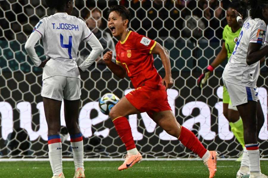 China's Wang Shuang celebrates after scoring against Haiti