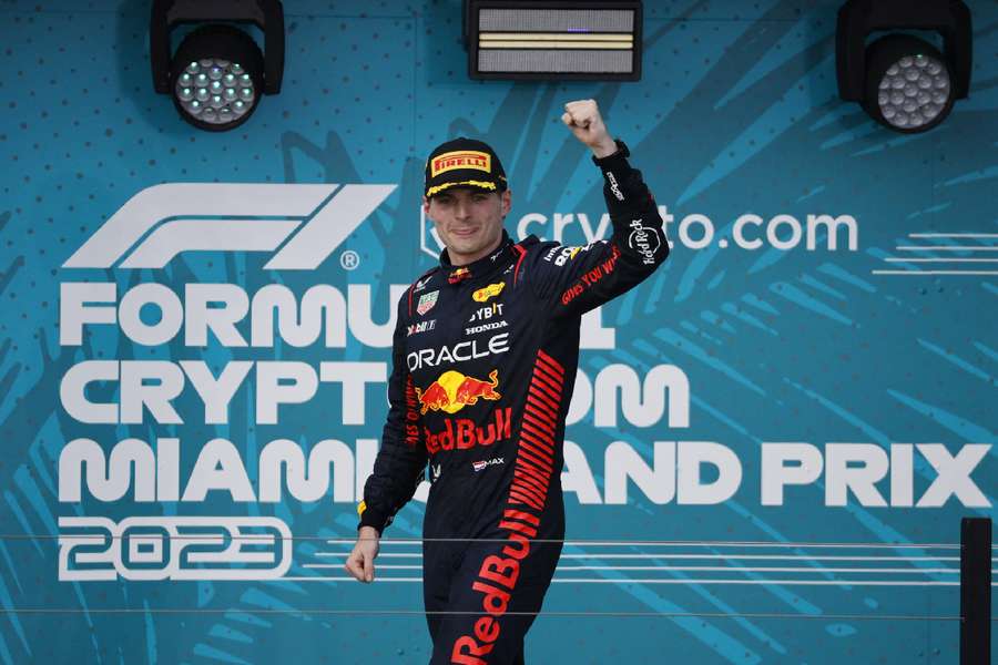 Verstappen on the Miami podium last year 