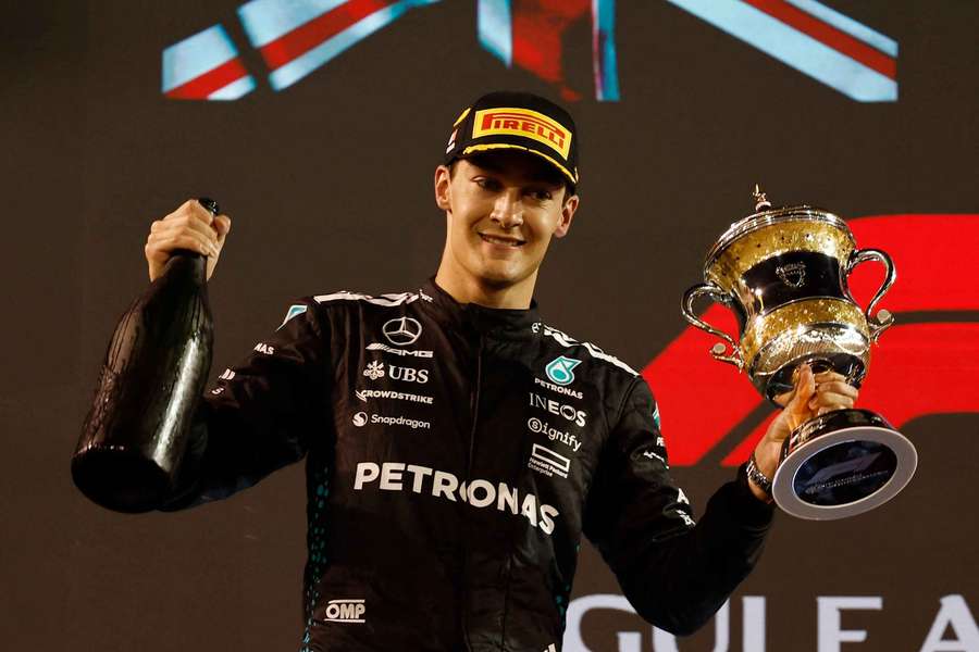 George Russell celebrates his second-place finish